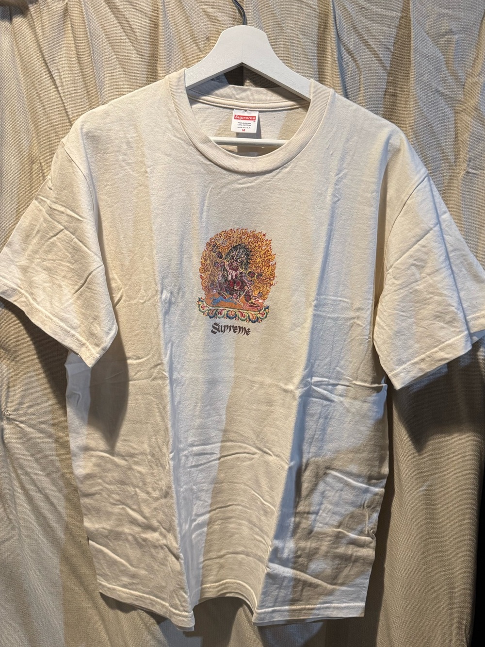 Supreme Cream Crewneck Tee with Red Logo Tag